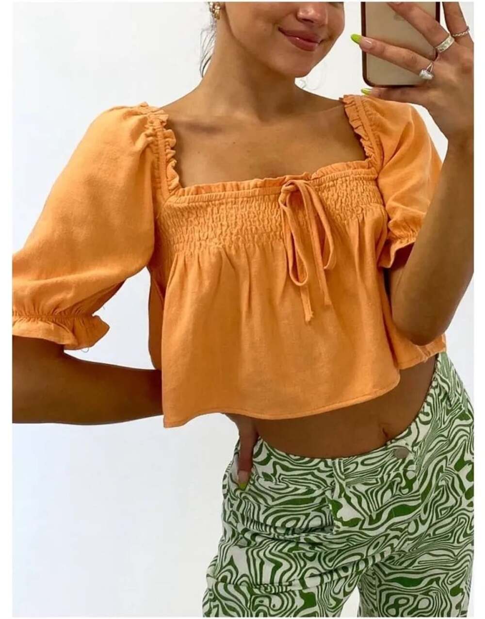 Le Lis Athena Puff Sleeve Front Tie Crop Top in Orange